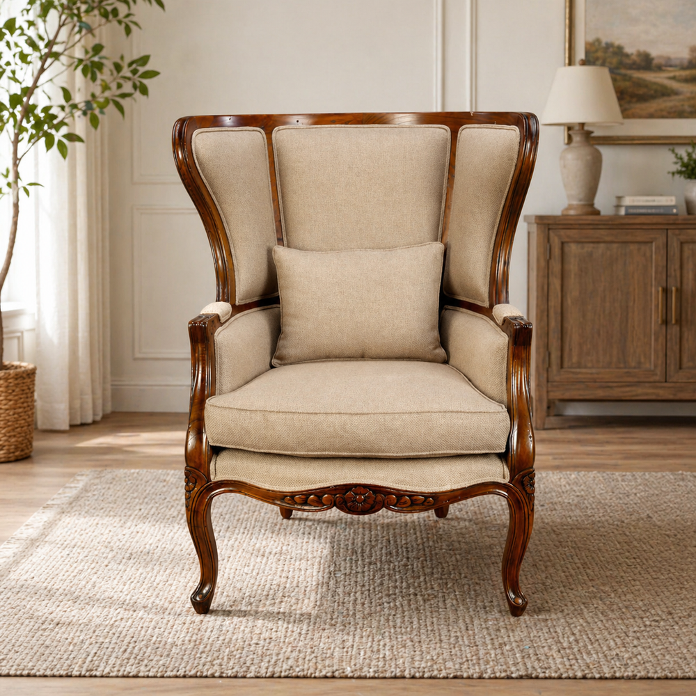 teak wood wingback accent chair with beige upholstery