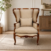 teak wood wingback accent chair with beige upholstery