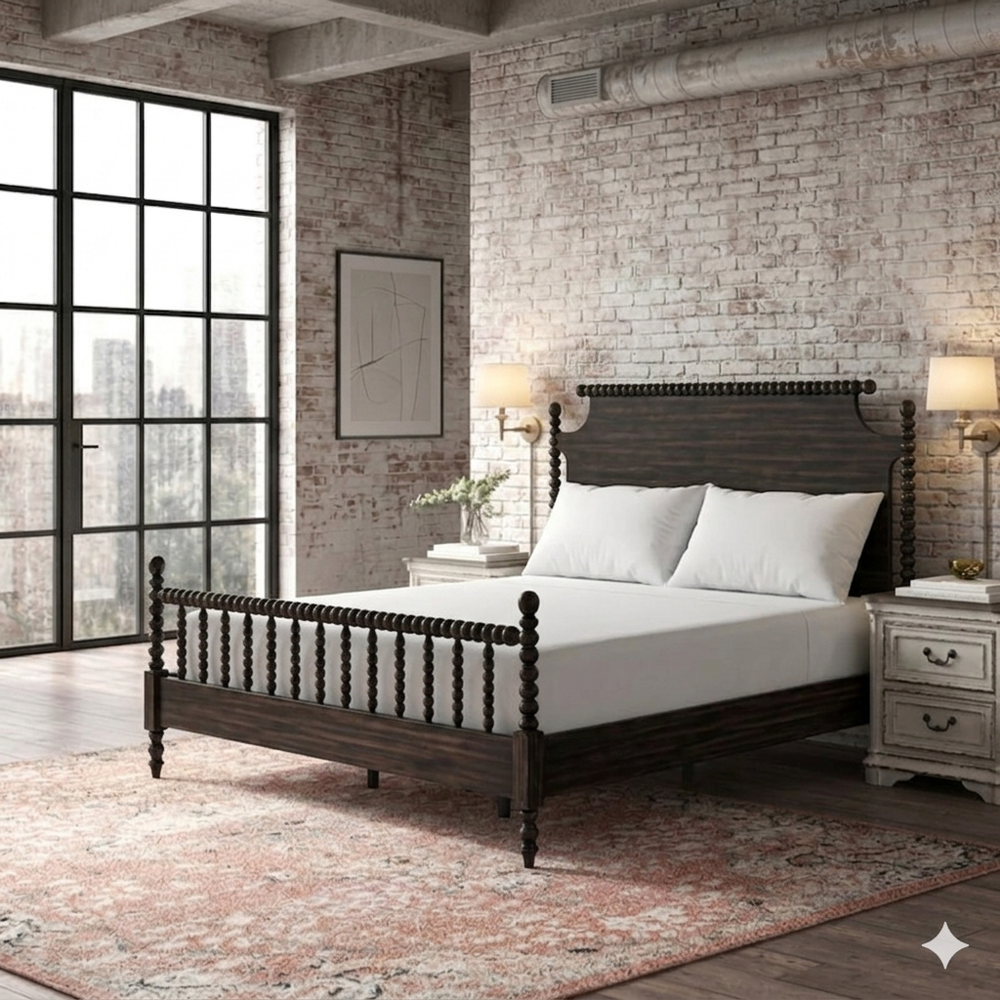 Traditional dark walnut spindle bed frame in industrial loft bedroom