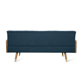 Mid-century teak wood upholstered sofa with wooden arms