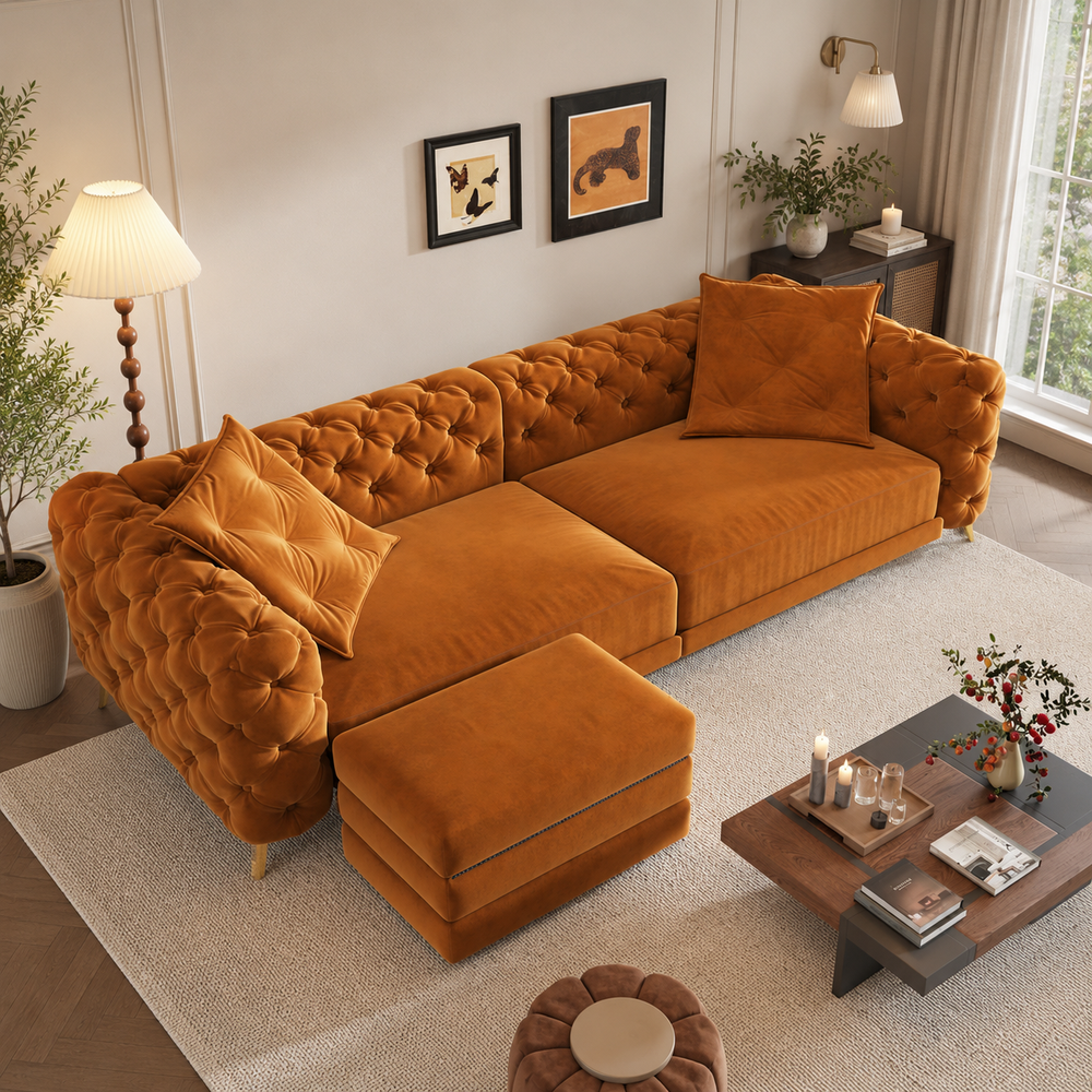 Luxury teak wood Chesterfield velvet sofa with ottoman