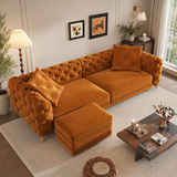 Luxury teak wood Chesterfield velvet sofa with ottoman