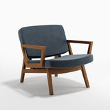 Contemporary upholstered teak wood lounge chair with armrests