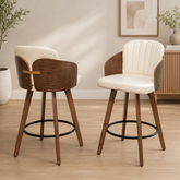 Modern teak wood bar stool chair with cream cushioned seat