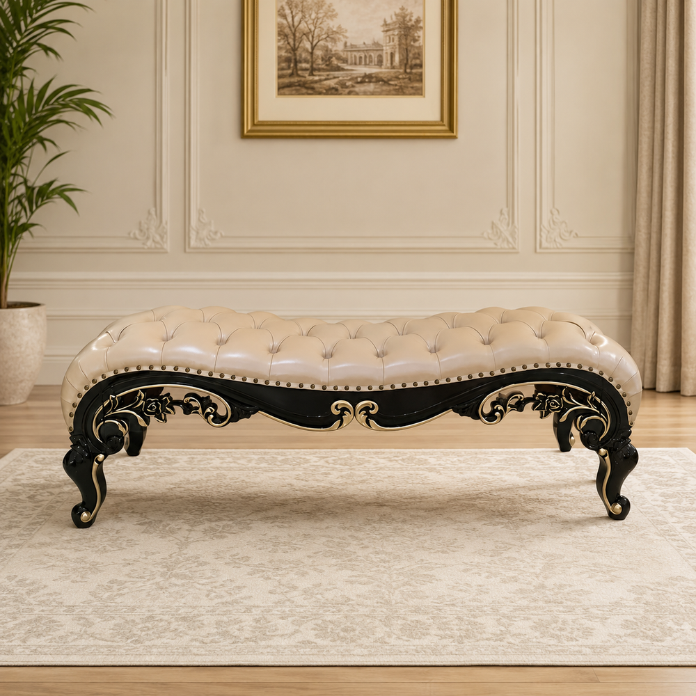 Luxury Teak Wood Tufted Bench with Hand Carving