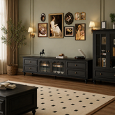 Vintage black TV stand with glass cabinet doors in elegant living room