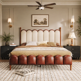 Vintage scalloped upholstered bed frame with wooden base