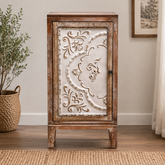 Hand carved teak wood bedside cabinet with floral design