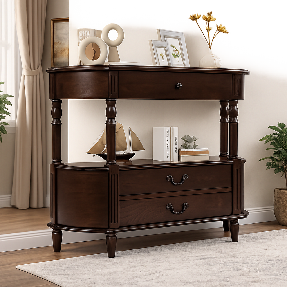 Solid teak wood console table with drawers and open shelf