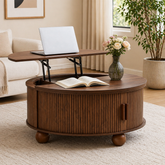 Oval lift-top coffee table with hidden storage in walnut finish
