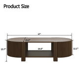Modern walnut coffee table with ribbed detailing and oval tabletop