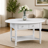 White round solid teak wood coffee table with storage drawers