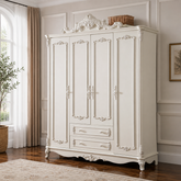 Luxury white teak wood carved wardrobe with 4 doors