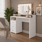modern white vanity desk with LED mirror lights