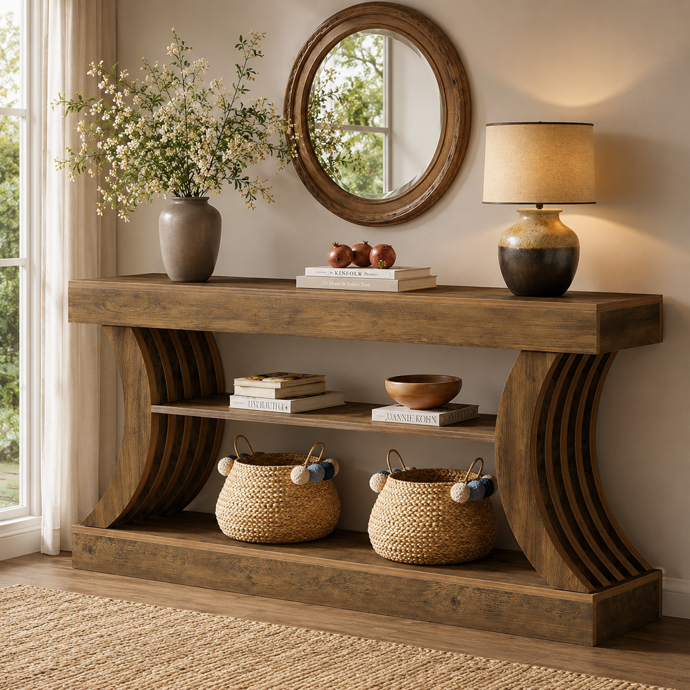 Handcrafted teak wood console table for living room
