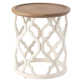 Round wooden bedside table made from solid teak wood