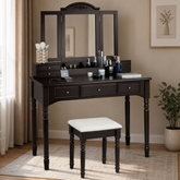 Wooden makeup vanity table with mirror and stool