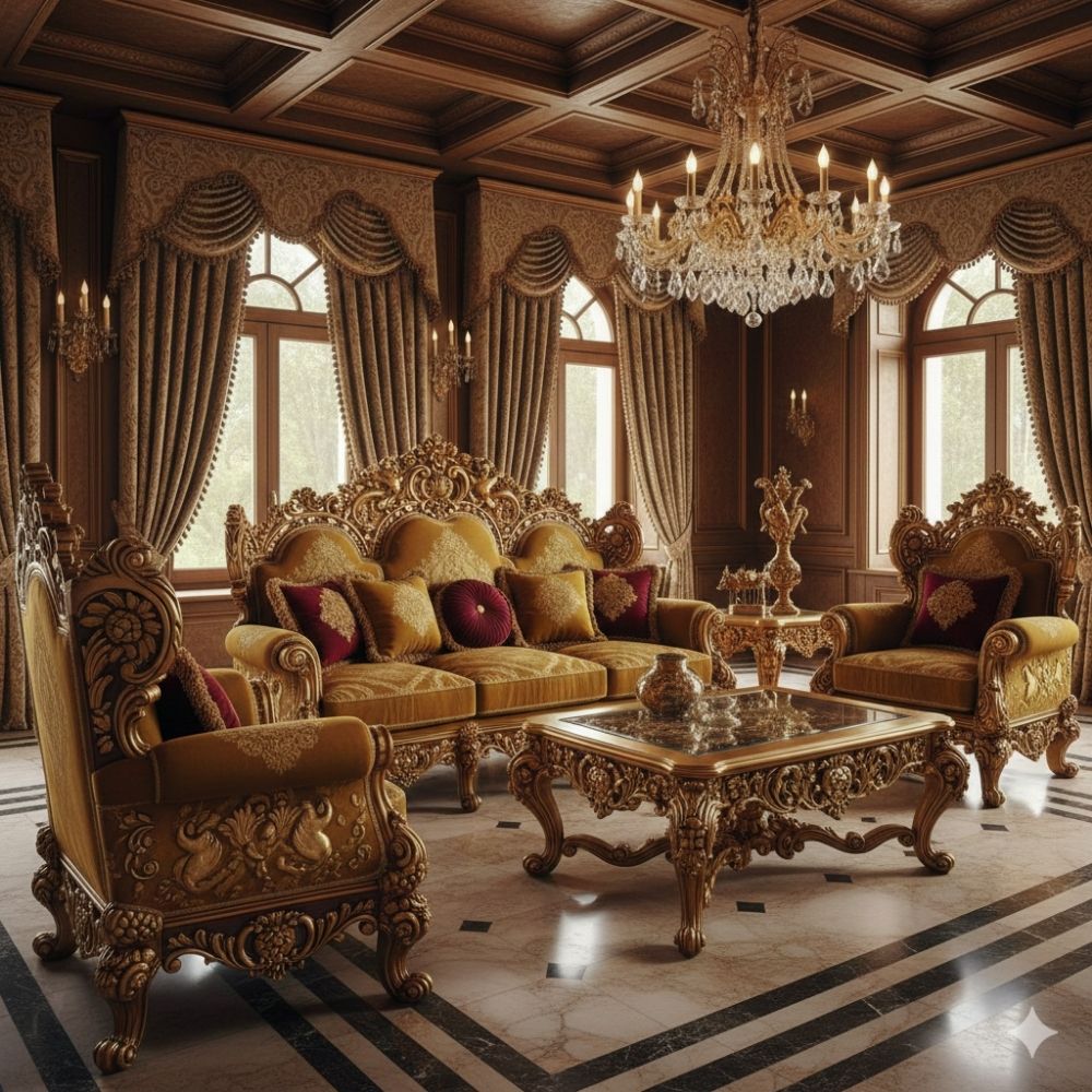 Royal Luxury Gold Sofa Set (3+1+1) – Classic European Palace-Style Hand-Carved Living Room Furniture