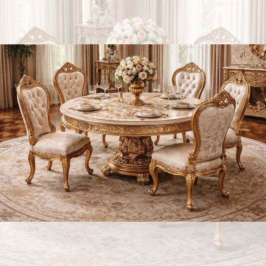 Royal Luxury 6 Seater Round Dining Table Set – Antique Gold Hand-Carved Solid Wood with Marble-Style Top