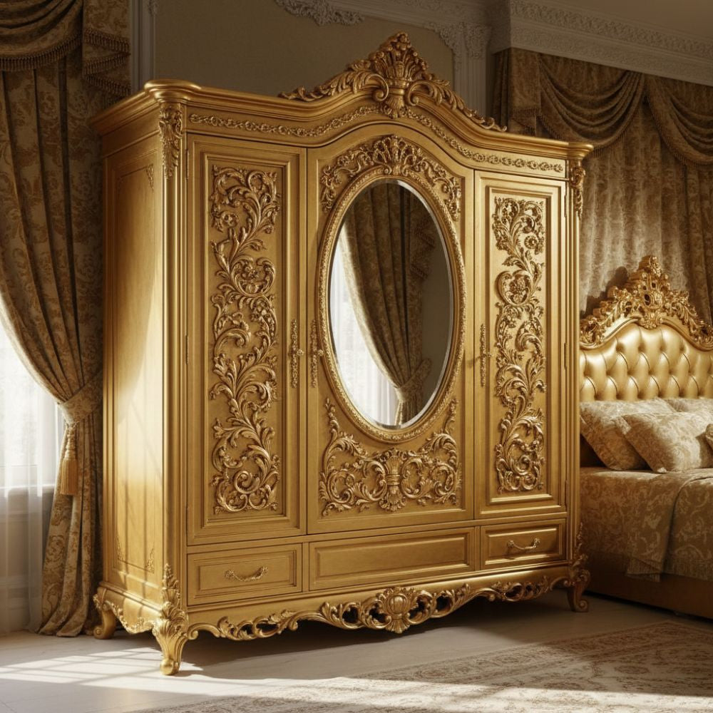 Royal Luxury Gold Carved Wardrobe with Oval Mirror