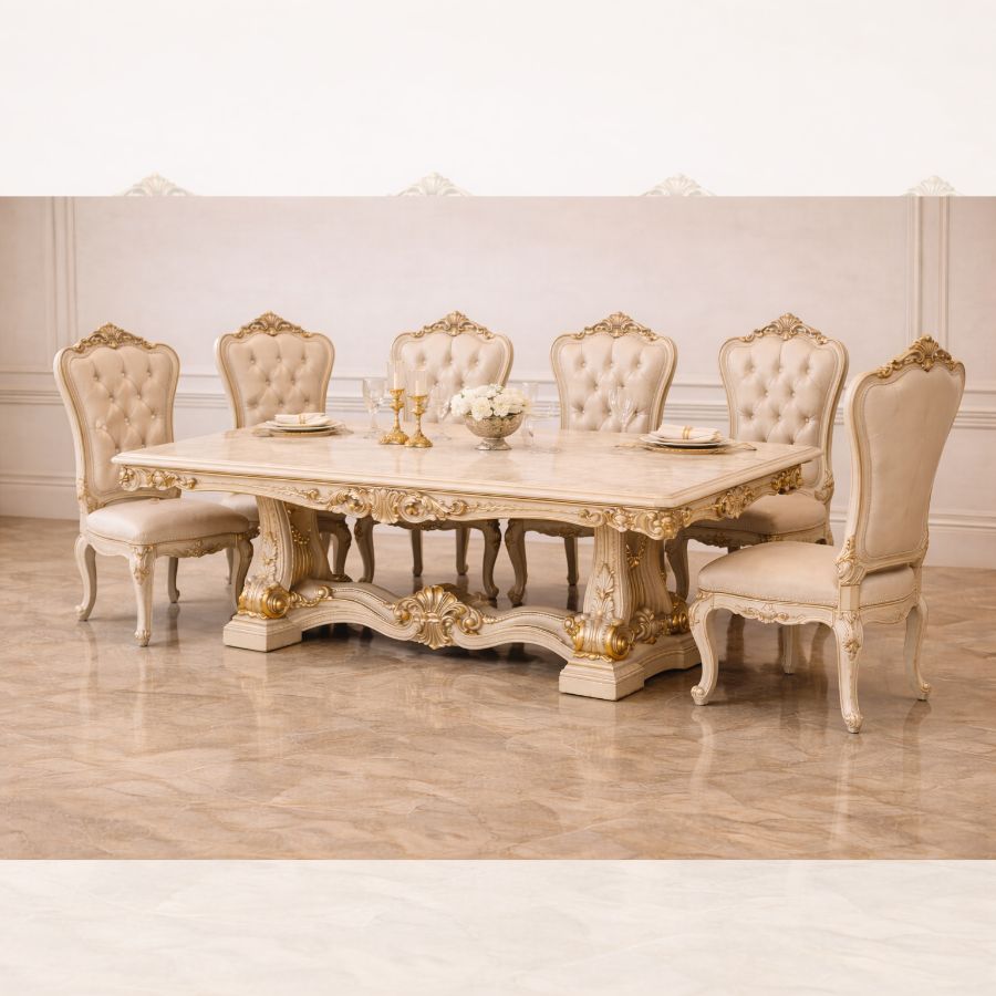 Royal Luxury 6 Seater Dining Table Set – Antique Gold Hand-Carved Solid Wood with Marble-Finish Top