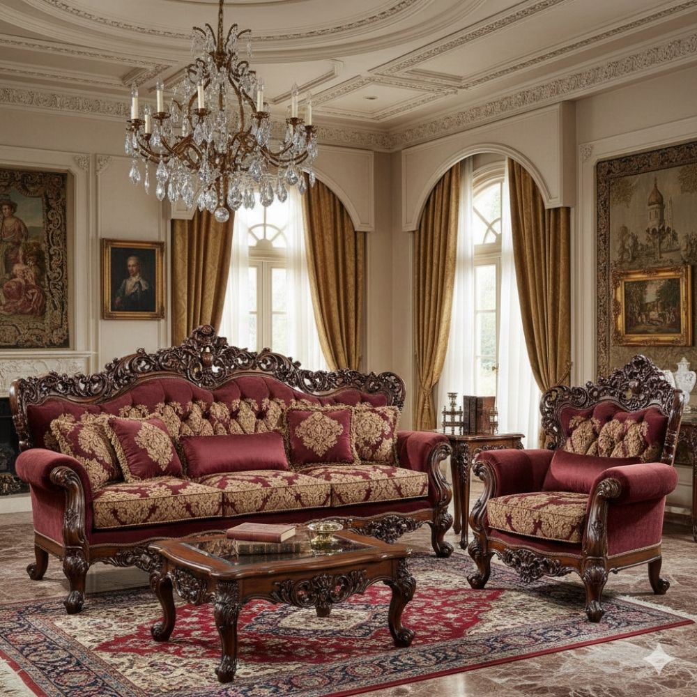 Royal Classic Maroon Sofa Set (3+1+1) – European Palace-Style Hand-Carved Living Room Furniture