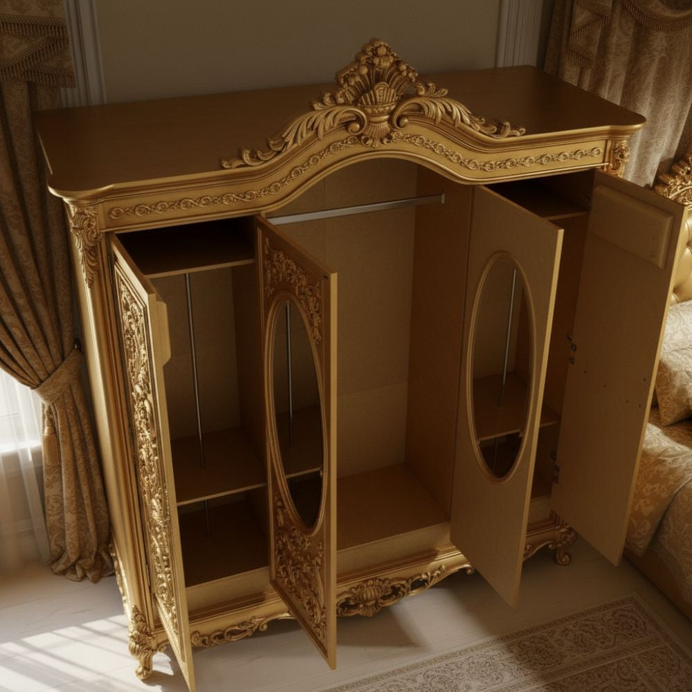 Royal Luxury Gold Carved Wardrobe with Oval Mirror