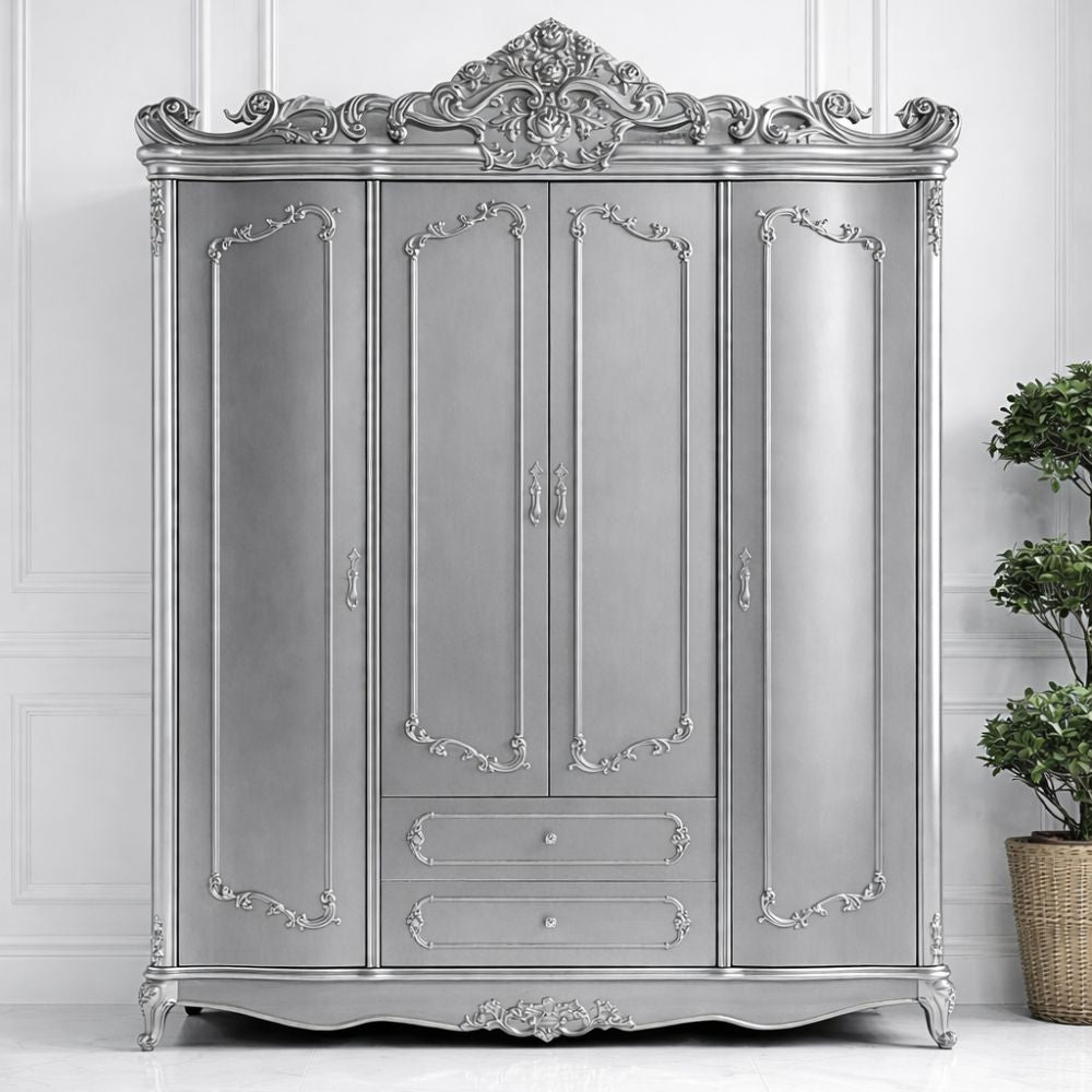 Luxury Silver Classic Wardrobe with Royal Carving