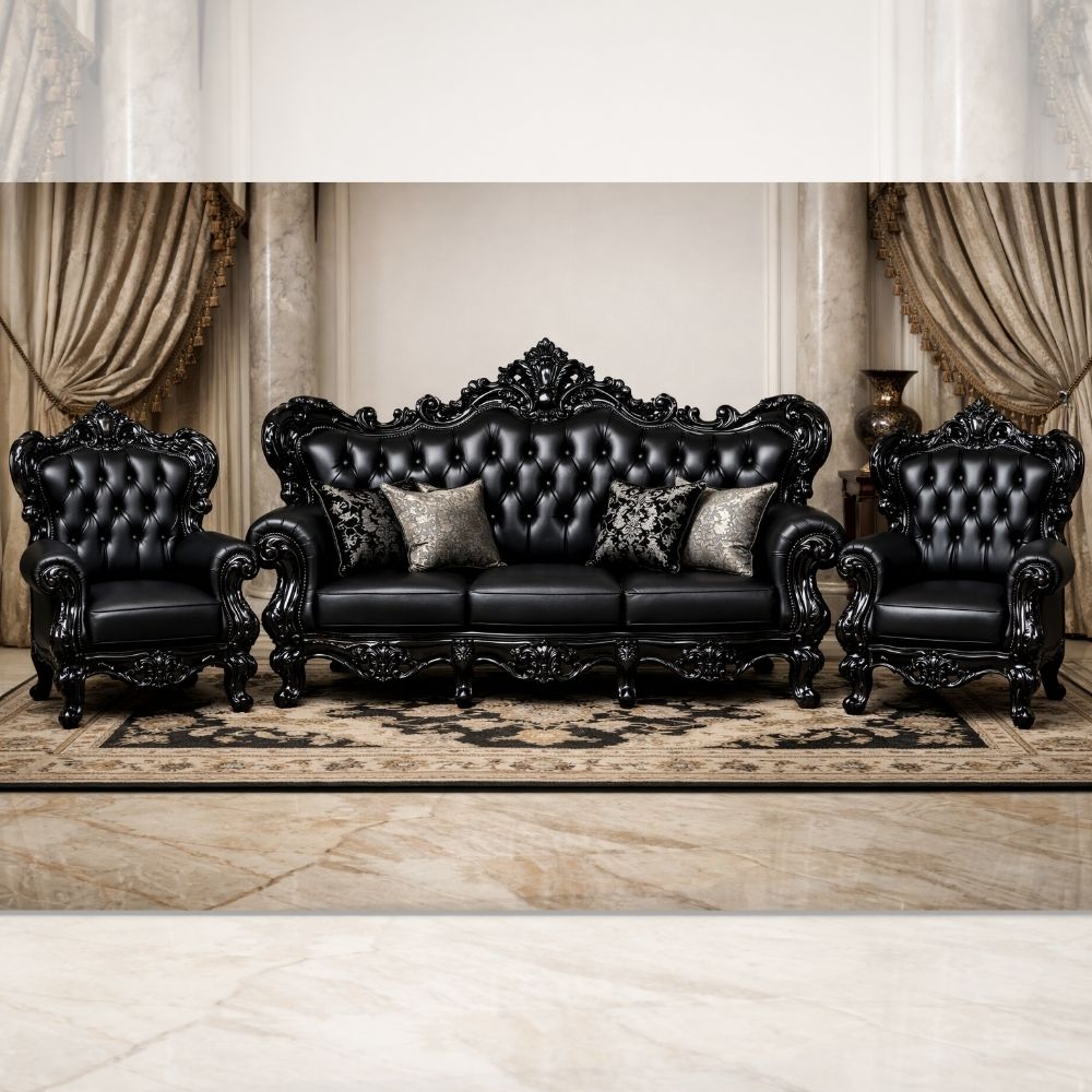 Luxury Black Royal Sofa Set (3+1+1) – Hand-Carved Wooden Living Room Furniture with Leatherette Upholstery