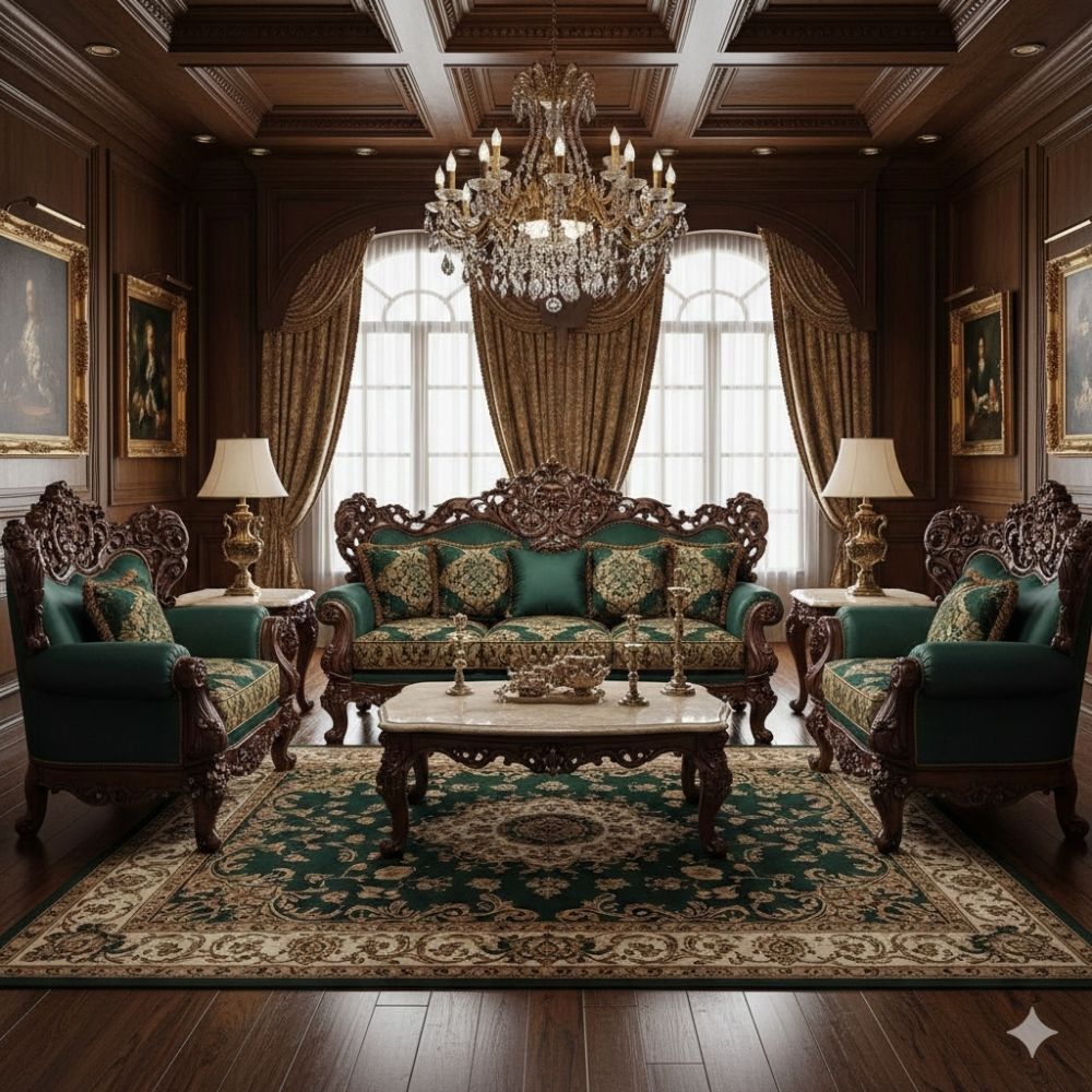 Royal Green Luxury Sofa Set (3+1+1) – Hand-Carved Wooden Designer Furniture