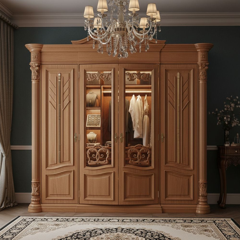 Luxury Classic Wooden Wardrobe with Glass Doors & Royal Carving Design