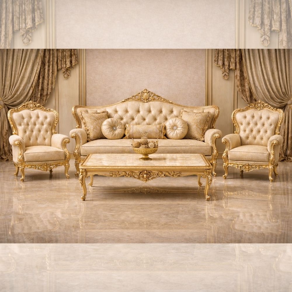 Royal Classic Gold Sofa Set (3+1+1) – European Palace-Style Hand-Carved Living Room Furniture
