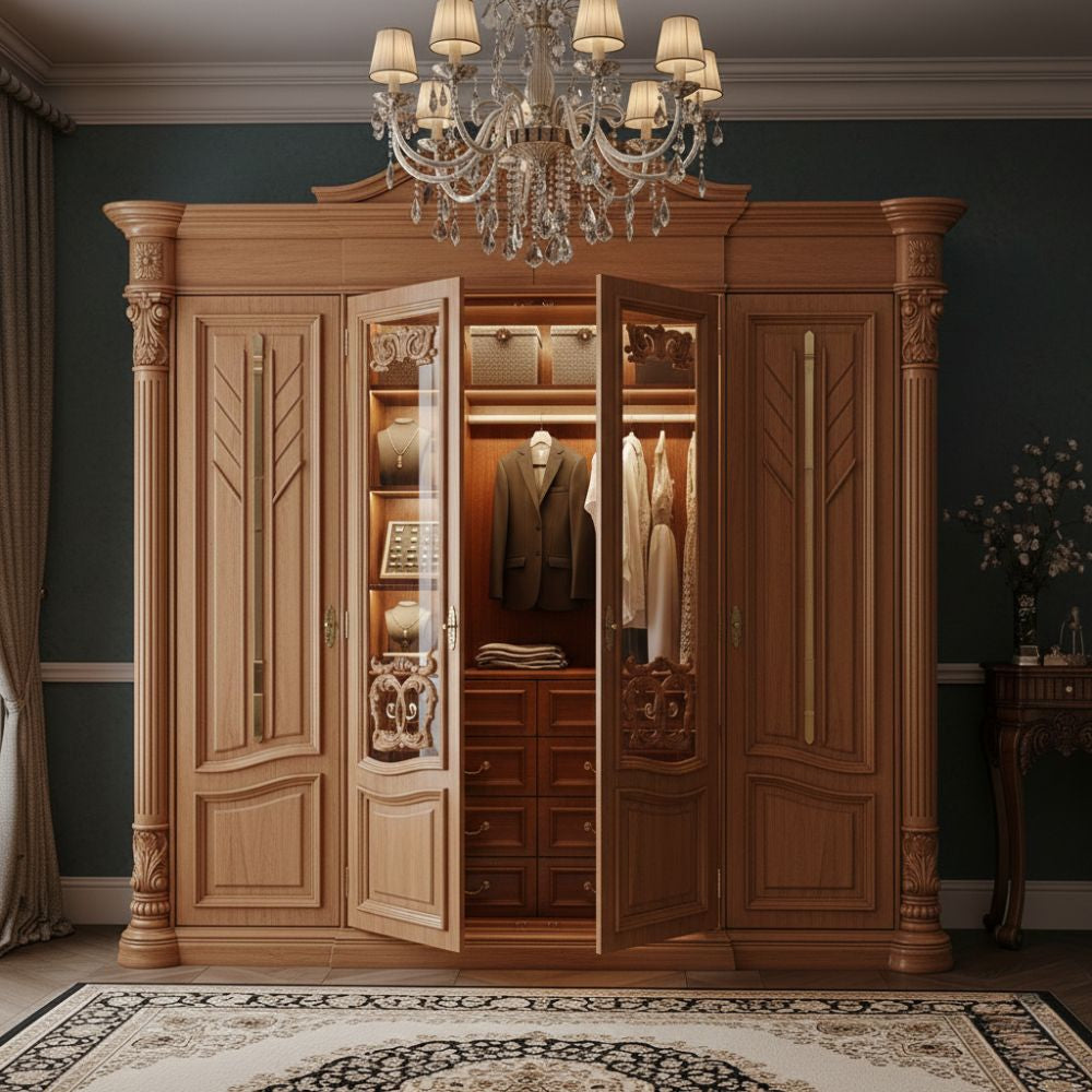 Luxury Classic Wooden Wardrobe with Glass Doors & Royal Carving Design