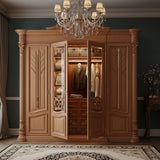 Luxury Classic Wooden Wardrobe with Glass Doors & Royal Carving Design