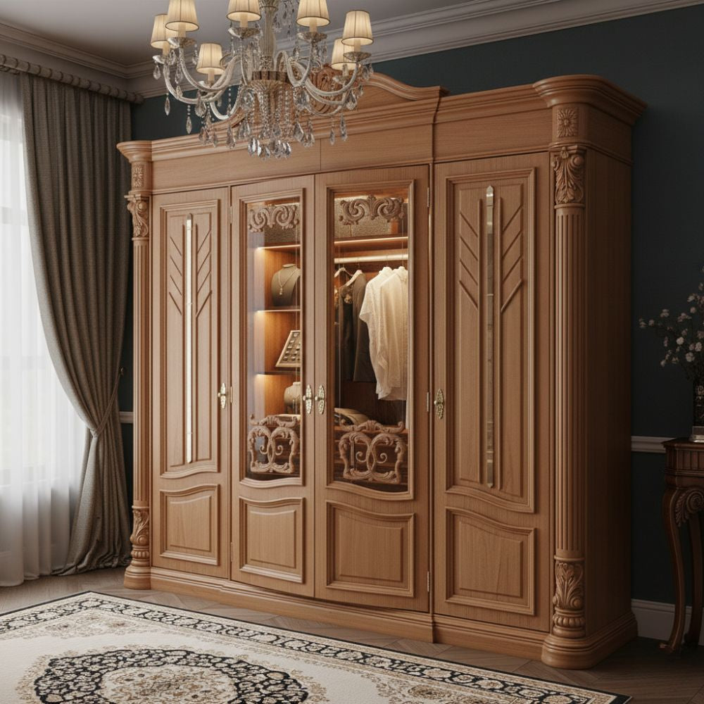 Luxury Classic Wooden Wardrobe with Glass Doors & Royal Carving Design