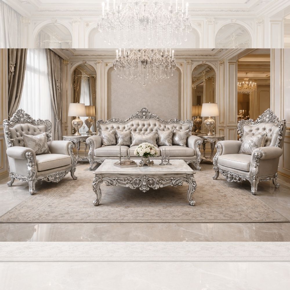 Luxurious Italian Style Silver Carved Sofa Set (3+1+1 with Center Table)
