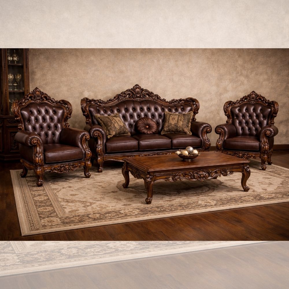 Luxury Classic Wooden Sofa Set (3+1+1) – Premium Leather Finish Hand-Carved Living Room Furniture