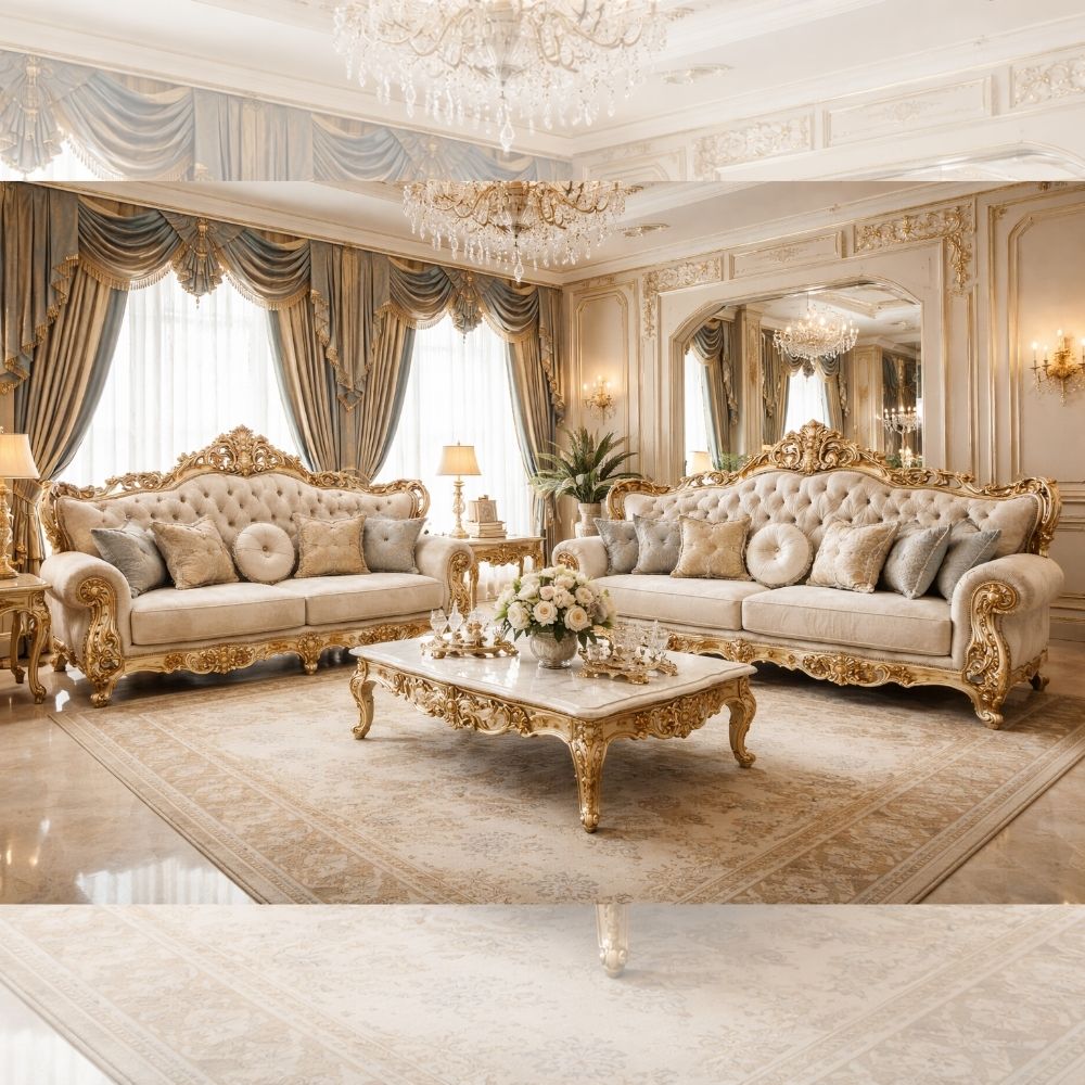 Luxury Royal Sofa Set for Living Room – Classic European Gold Carved Design with Marble Center Table