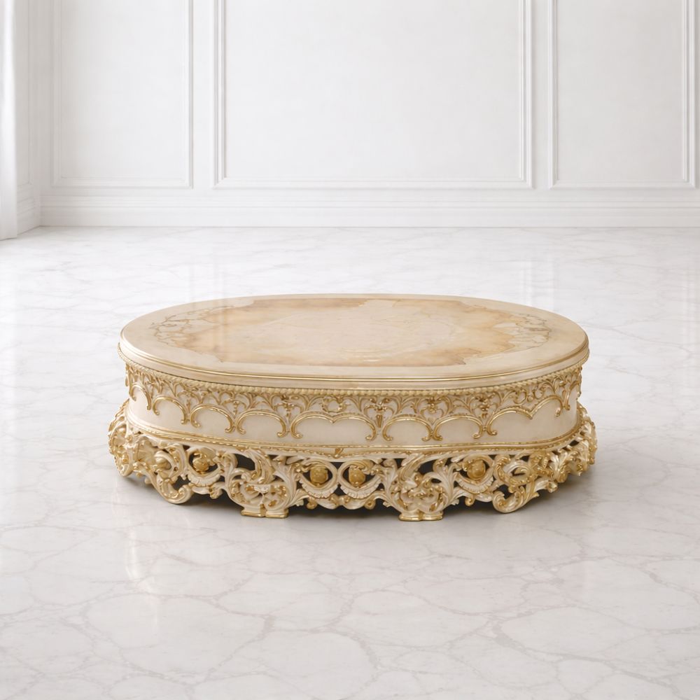 Luxury Round Antique Gold Carved Center Table with Marble Top