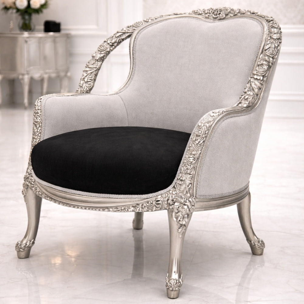Luxury Royal Carved Lounge Chair – Classic Silver Accent Armchair