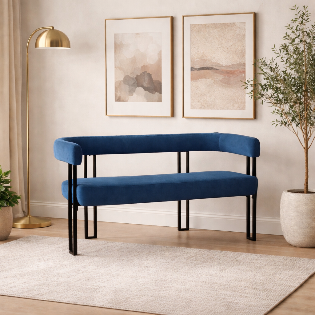 Luxury 2 Seater Metal Frame Sofa Bench | Modern Fabric Upholstered Couch | Sky Rise Decor Designer Seating