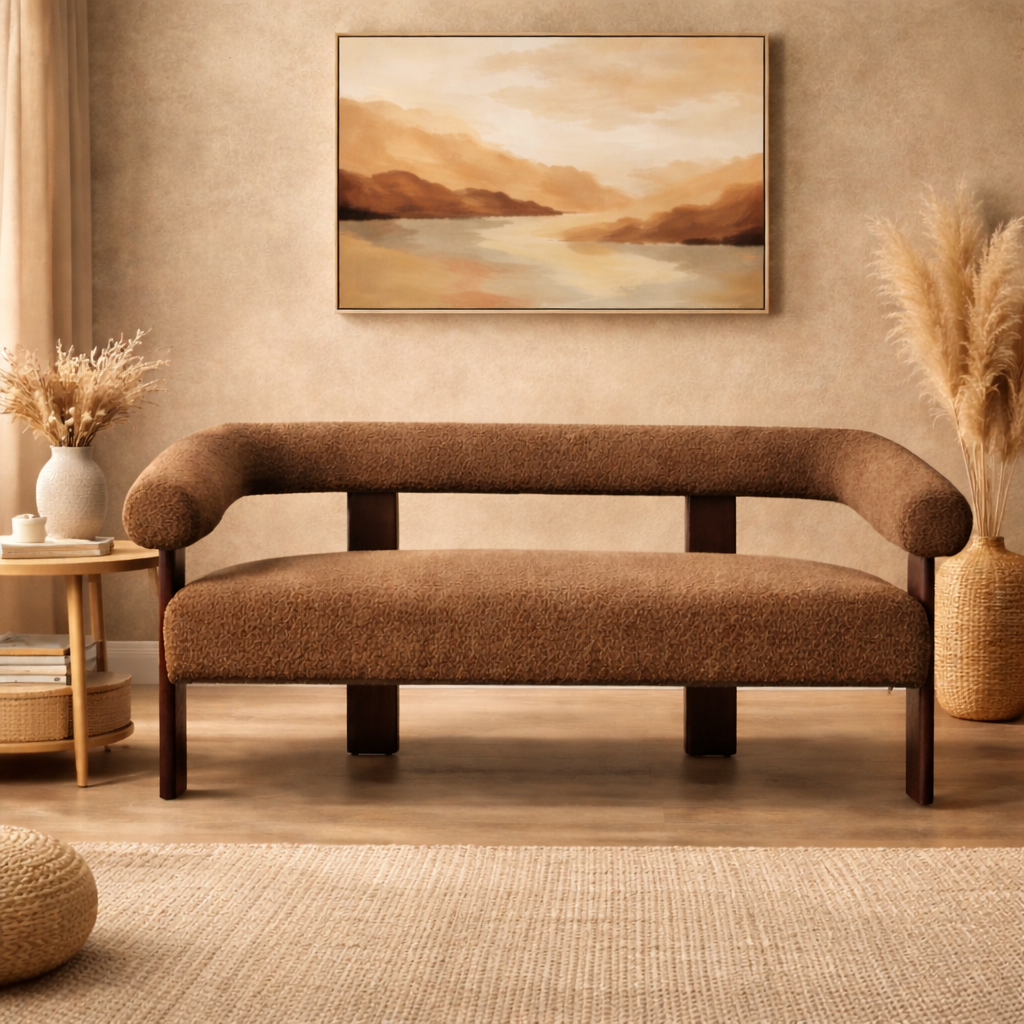 Luxury Teak Wood Bouclé Sofa Set – 2 Seater & 3 Seater Modern Designer Couch