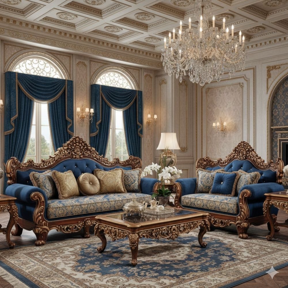 Luxury Royal Blue Sofa Set – Classic European Hand-Carved Living Room Furniture
