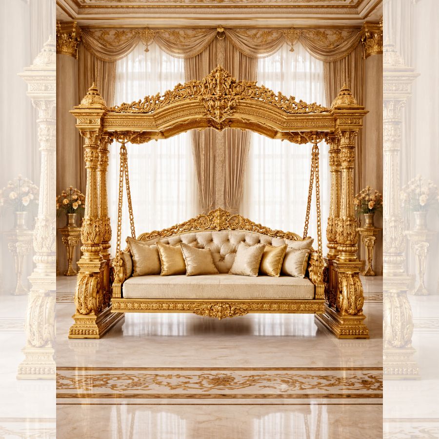 Luxury Golden Carved Swing Jhula | Royal Antique Designer Gold Jhula for Living Room