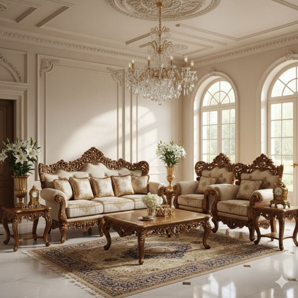 Luxury Royal Cream Sofa Set – Classic European Hand-Carved Living Room Furniture