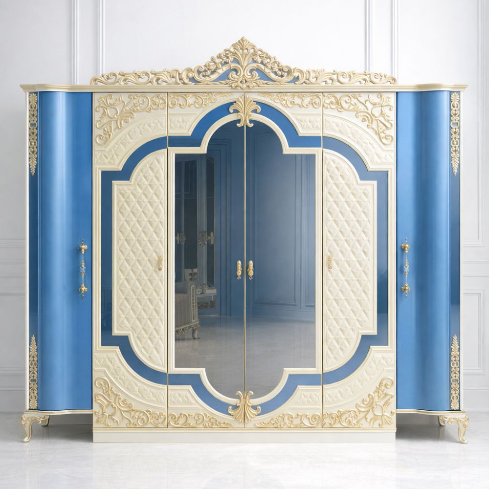 Luxury Royal Blue & Ivory Carved Wardrobe with Mirror Doors