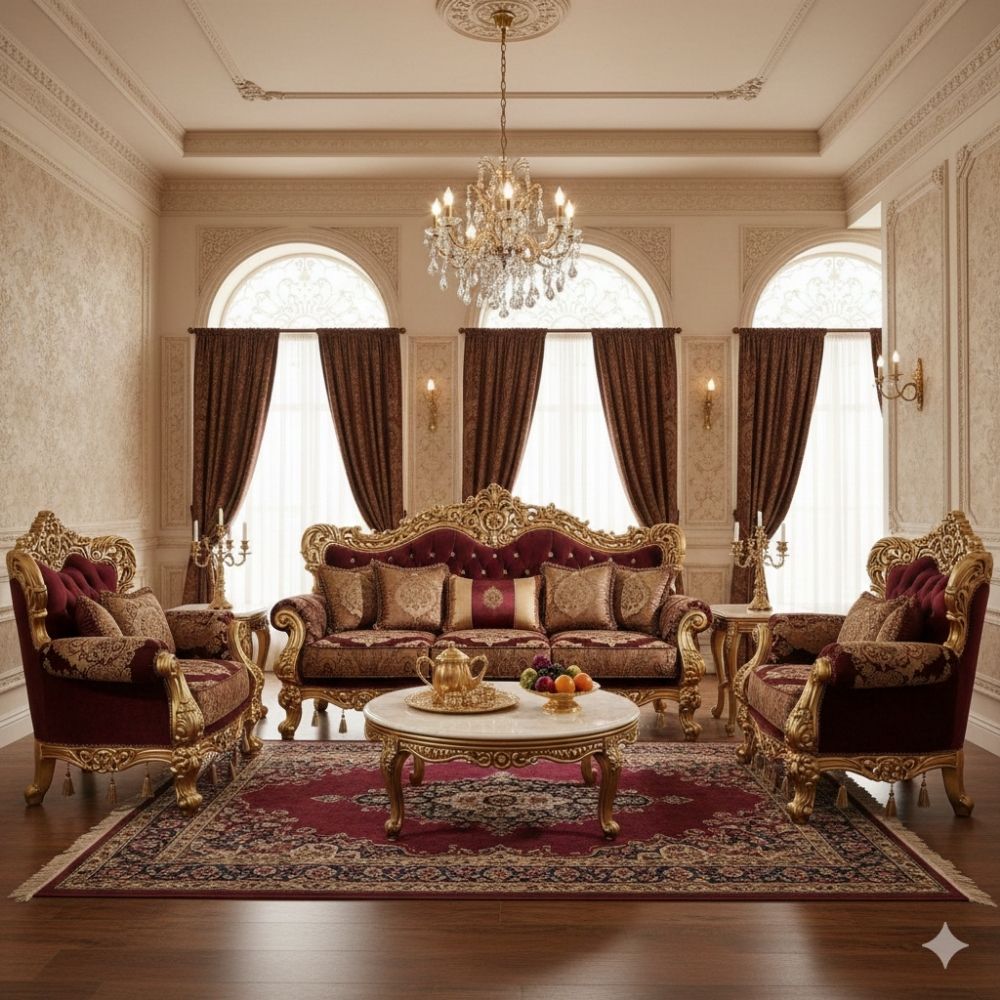 Royal Classic Maroon Sofa Set – European Palace-Style Hand-Carved Living Room Furniture