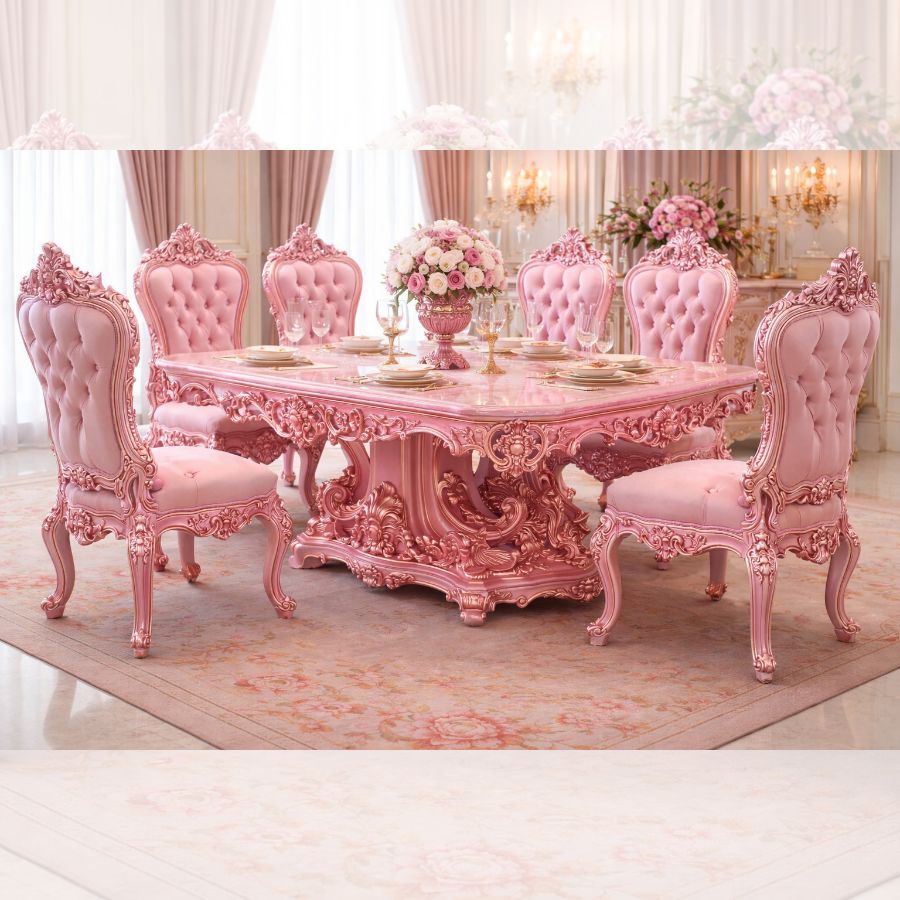Luxury Pink 6 Seater Dining Table Set – Royal Hand-Carved Solid Wood Dining Set