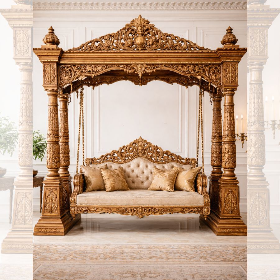 Luxury Hand Carved Wooden Jhula | Royal Carving Design Swing for Living Room