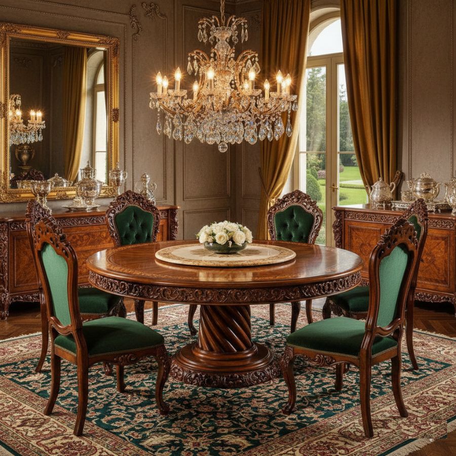 6 Seater Round Dining Table Set – Solid Wood Hand-Carved Dining Set with Green Upholstered Chairs